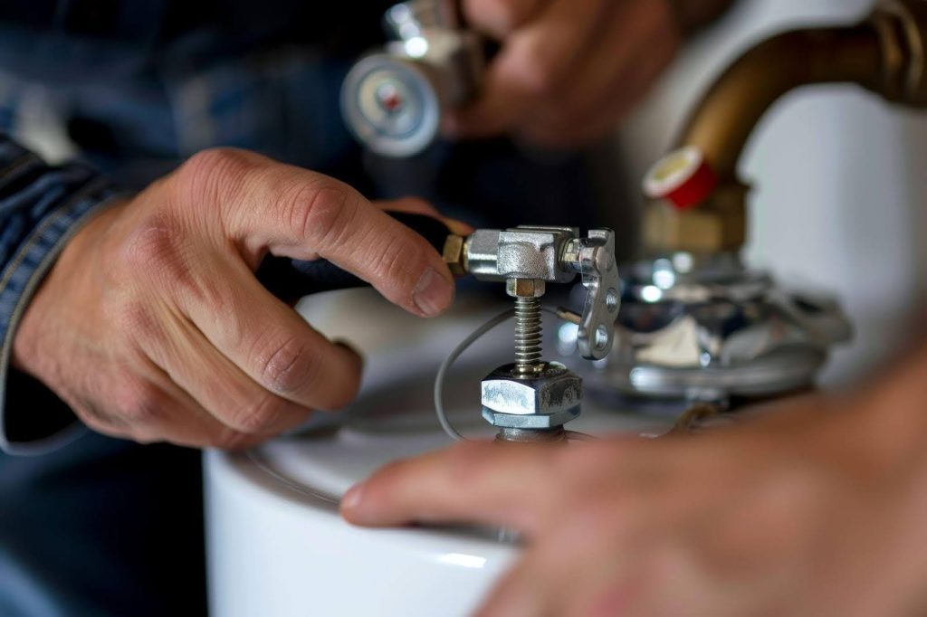 A man fixes a water heater with a wrench, showcasing practical repair work at home