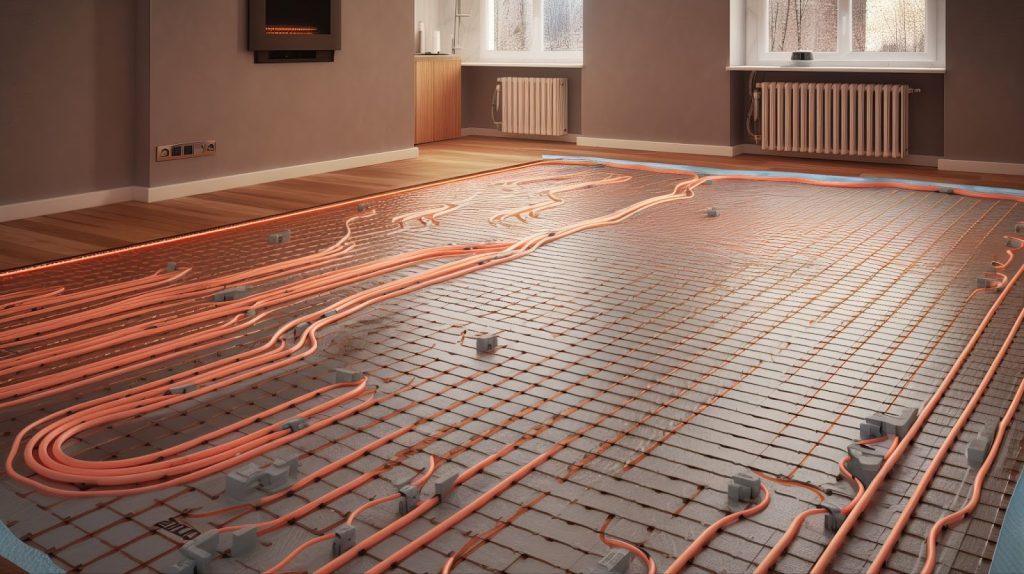 A room displaying a mix of radiant and forced air heating systems with pipes and wires on the floor