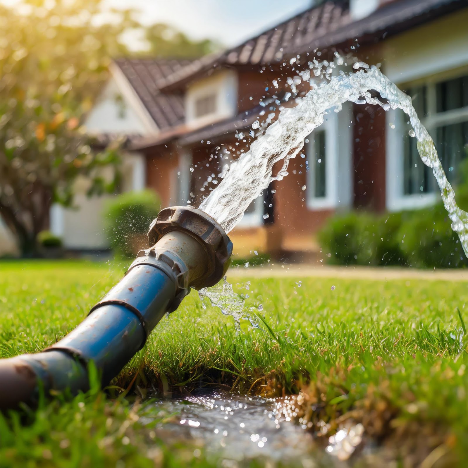 A garden water sprinkler operates amidst a backdrop of a house, highlighting a broken water main needing professional plumbing.