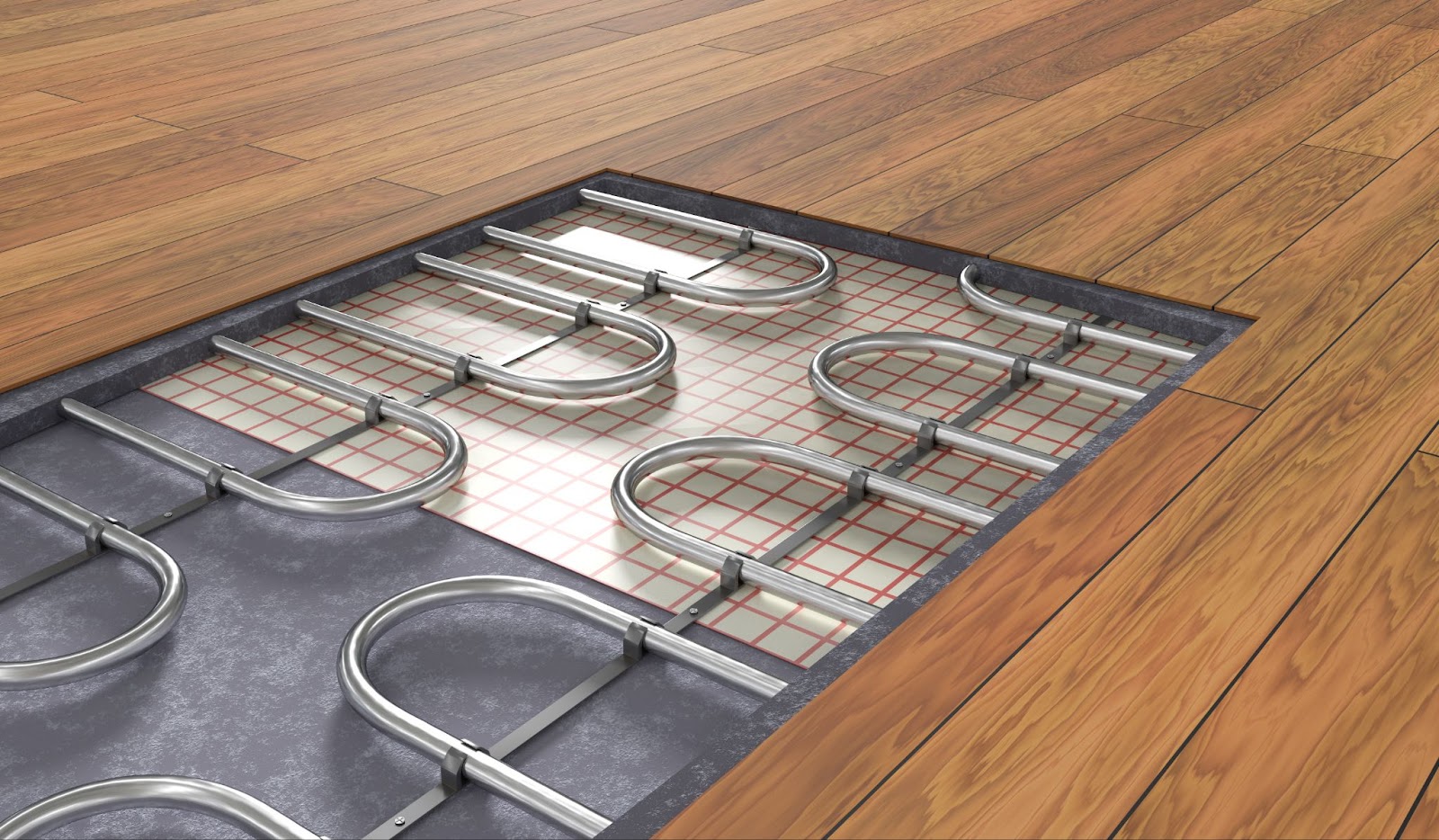 A floor heating system installed on a wooden floor, showcasing the benefits of radiant heating for efficient warmth.