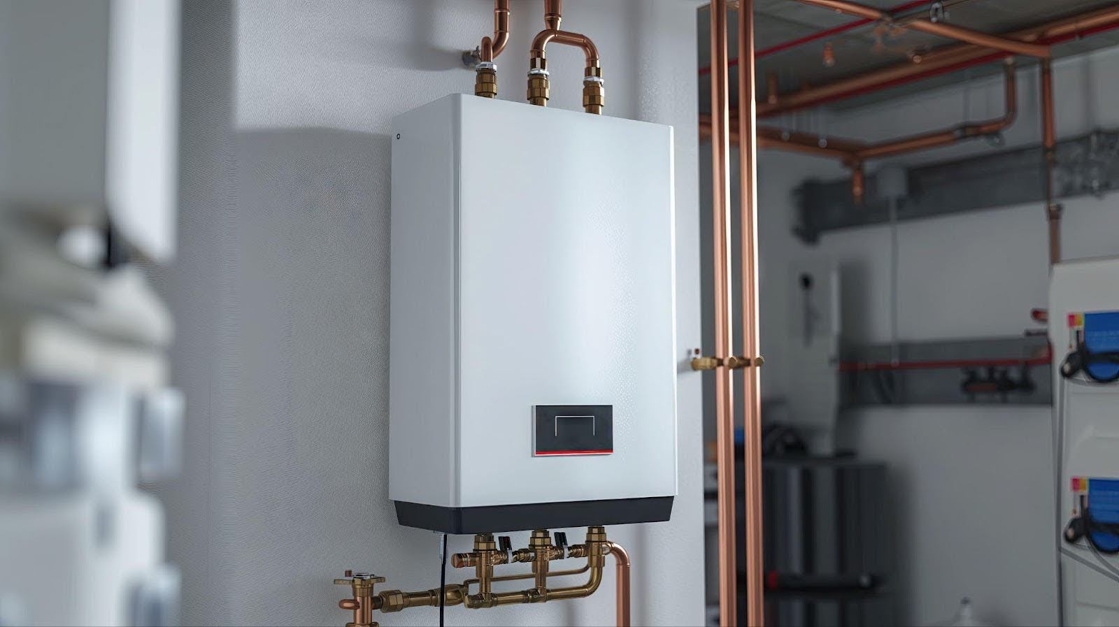 A gas boiler situated in a room, featuring an arrangement of pipes and tubing