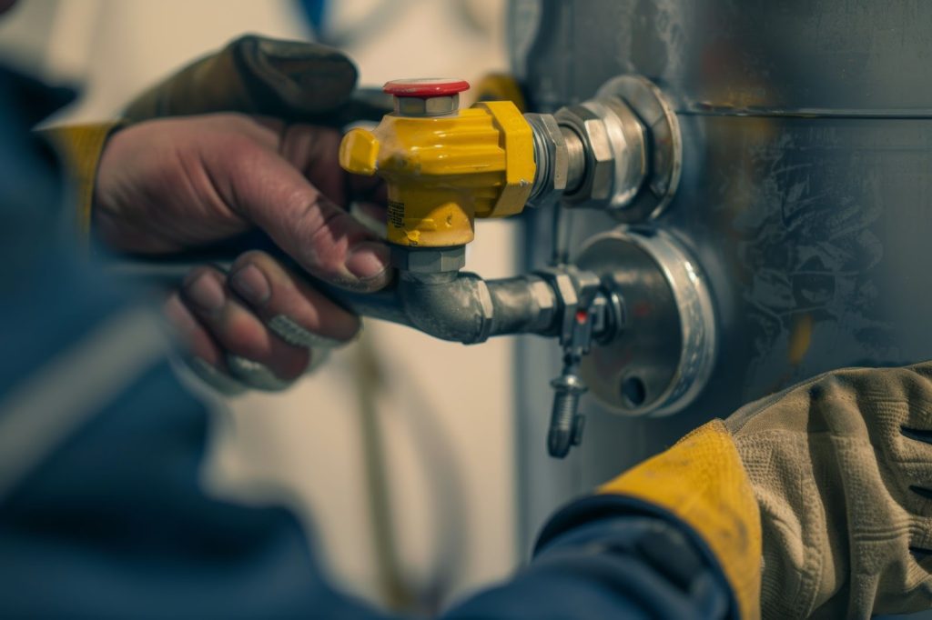 A professional plumber in a yellow glove repairs a water heater, ensuring efficient functionality and service quality.