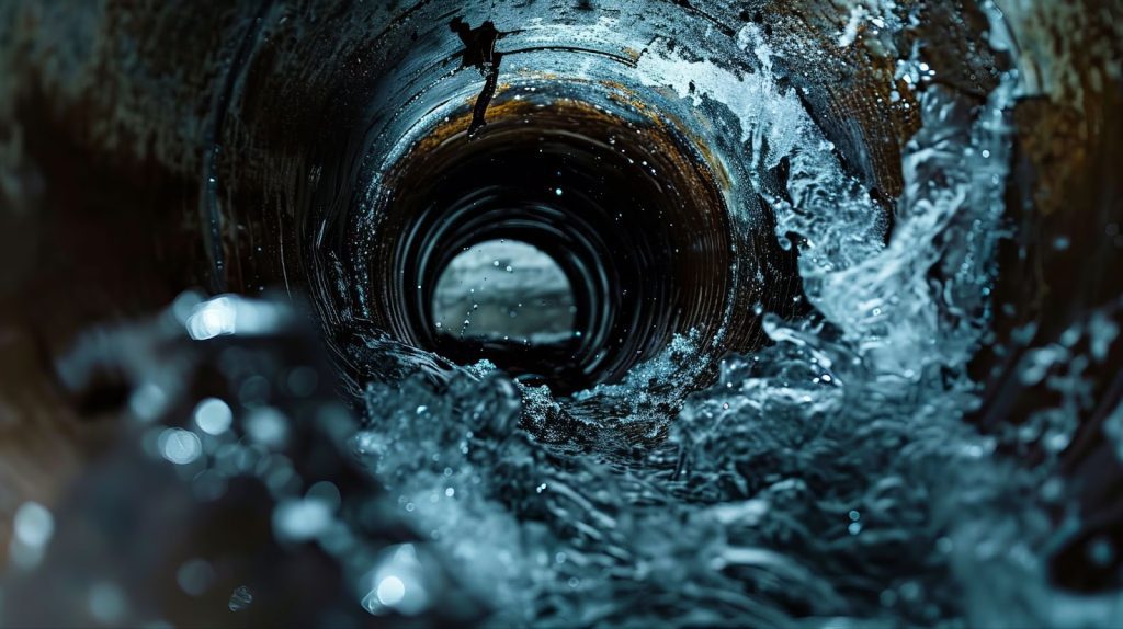 A water main pipe with water flowing through it, illustrating the importance of infrastructure in urban water supply systems.