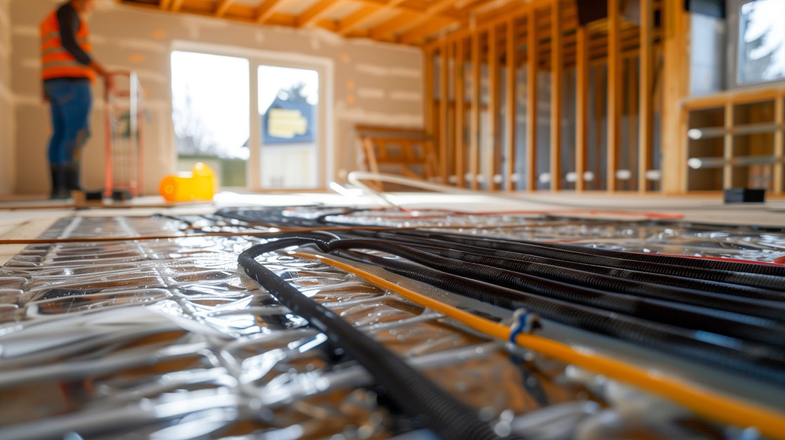 A man installs insulation and wires in a home, focusing on radiant heat and preventative maintenance to avoid future repairs.