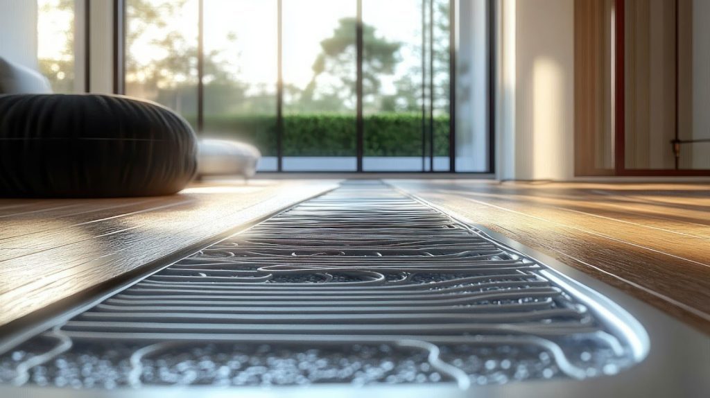 A modern floor heating system showcasing radiant heat technology, emphasizing preventative maintenance and reduced heat repairs.