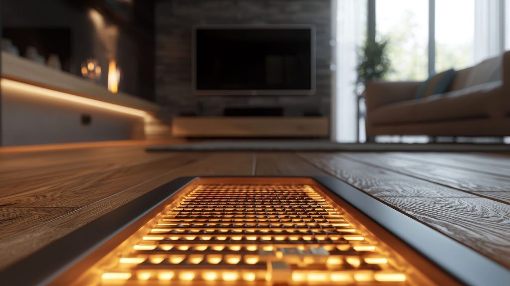 A wooden floor with radiant heating visible in front of a couch, emphasizing preventative maintenance and heat repair avoidance.