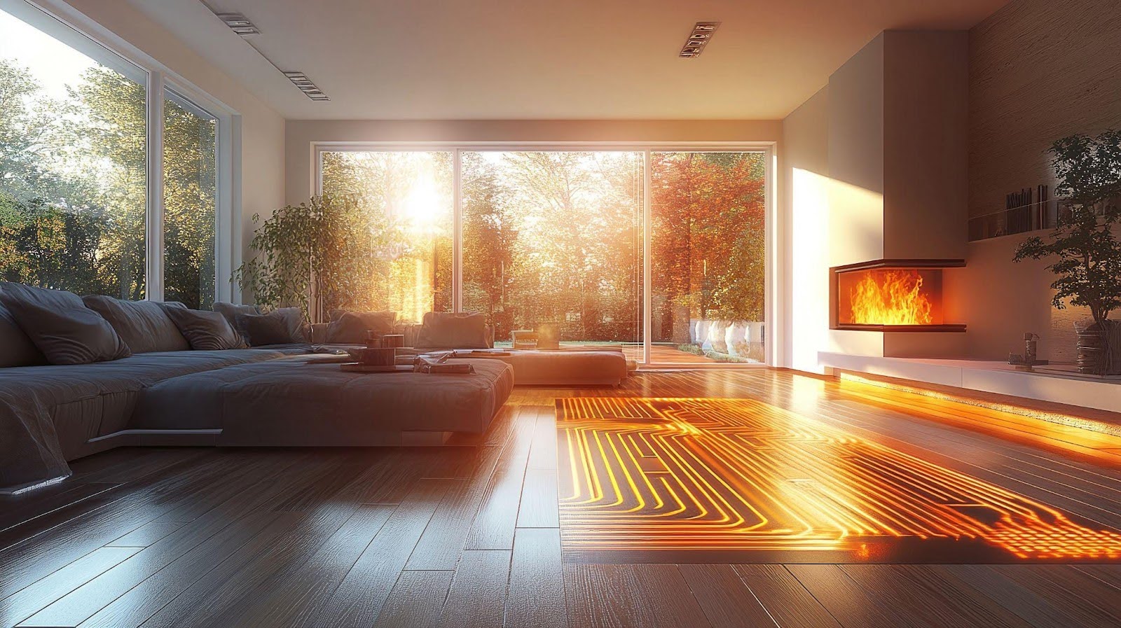 A stylish living room with a fireplace and polished wood floors, perfect for relaxation