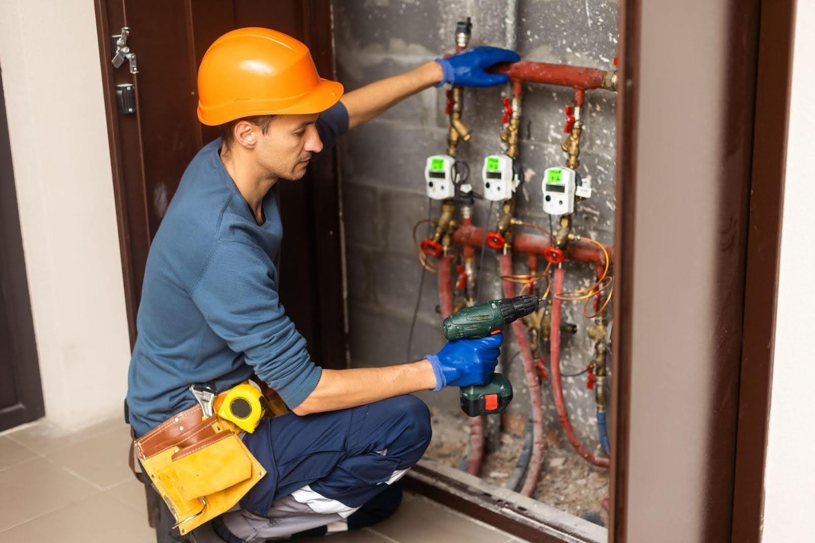 A worker in a hard hat and safety glasses maintains a water heater prioritizing safety